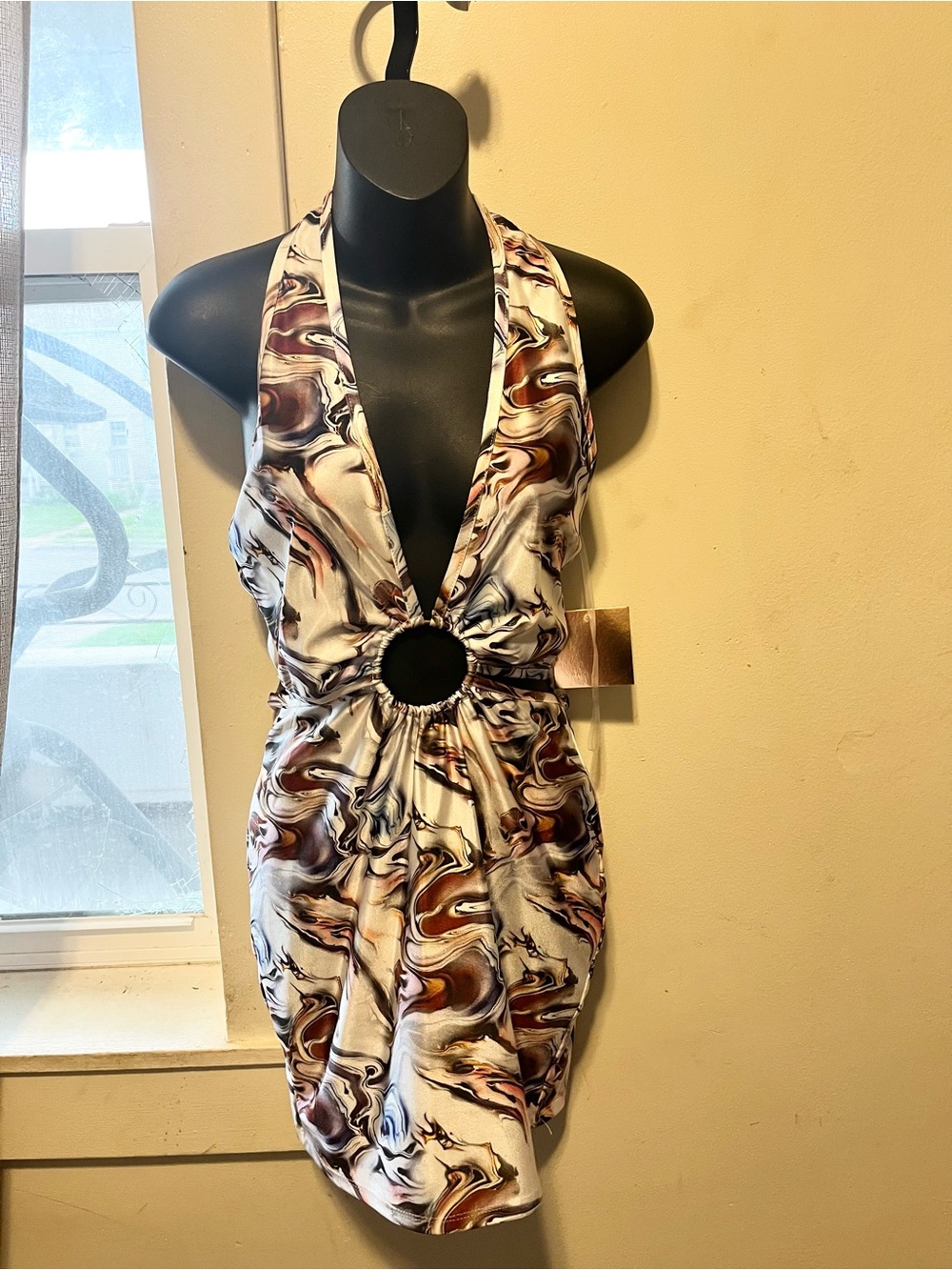 Marble-Print Halter Mini Dress with Ring Detail - White & Brown